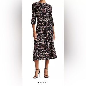 Lauren Ralph Lauren Black and Pink Floral Baloon Long Sleeve Midi Dress Size 6